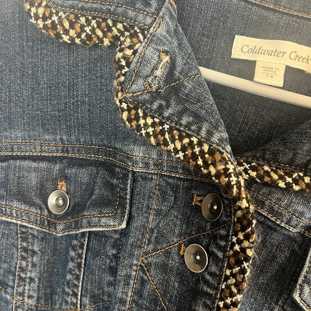 Coldwater Creek Denim Jacket 14 Brown/Black Woven Trim Fringe Classic Western - Picture 5 of 14